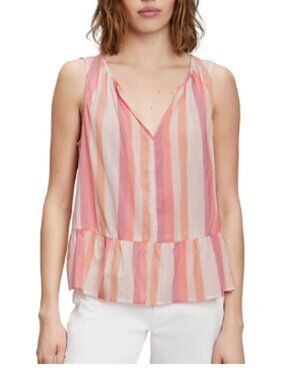 GAP Striped Cotton Gauze Peplum Top Sleeveless Split Neck Coral Pink Size M